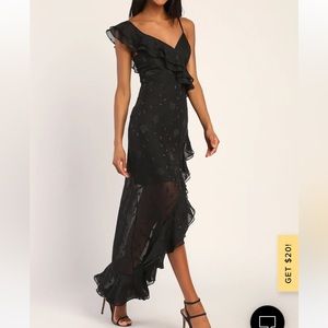 Forever Be Black Floral Jacquard Ruffled Maxi Dress
